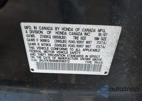 2008 Honda Ridgeline Rts из США, поврежденный, VIN 2HJYK16468H518372